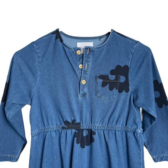 Sugar Moon Blue Denim Floral Motif Knee Length Dress 3/4 Sleeves Girls 12 - Picture 3 of 5